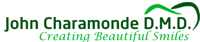 The image features a logo with text elements, including a name John Charamonde DMD, a title Creator of Beautiful Smiles, and additional text that reads Dr. John Charamonde DMD. The logo includes a graphic element resembling a smiley face with a green background.